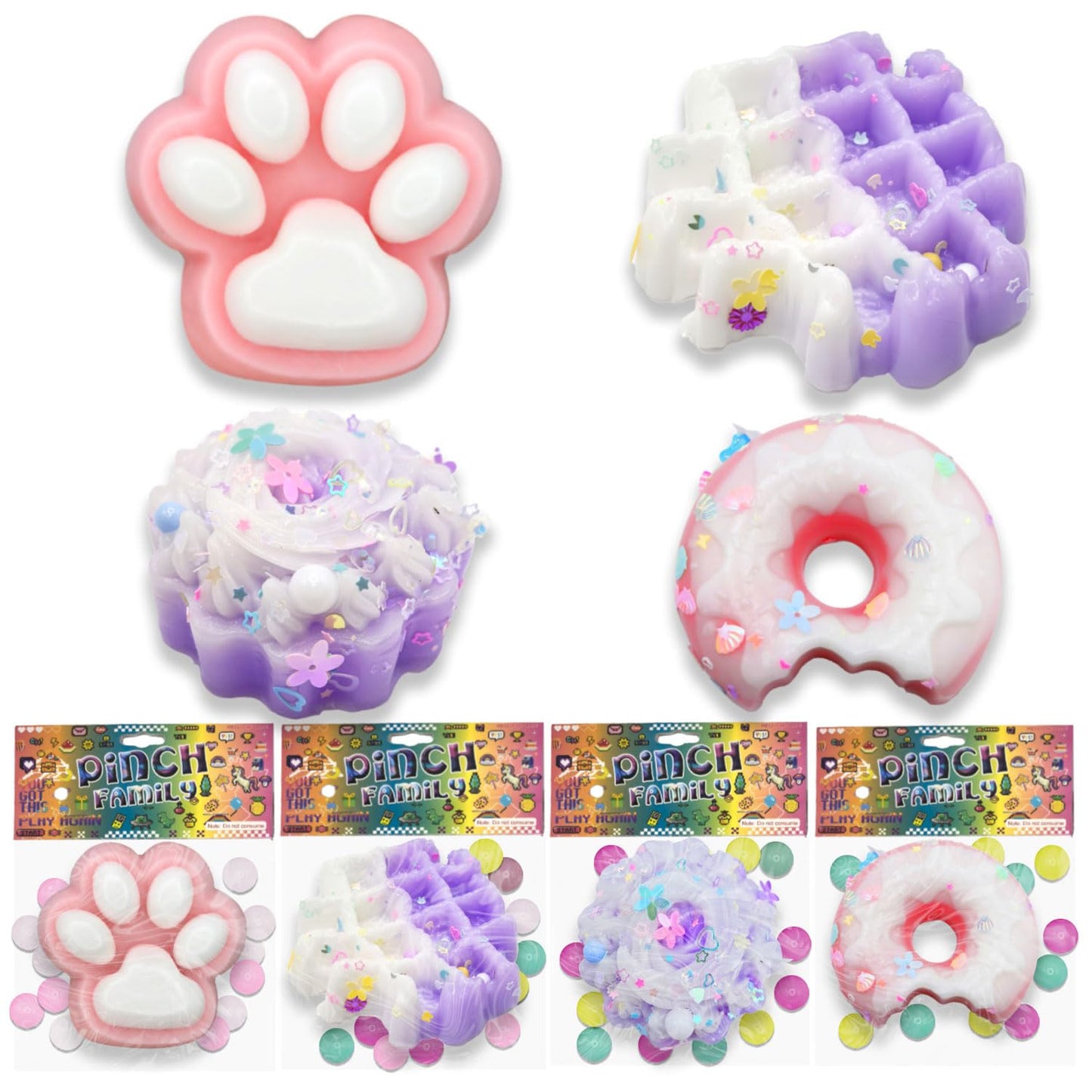 Kawaii Squishy Snack Set - Cat Paw, Donut, Cake & Waffle (4-Pack)