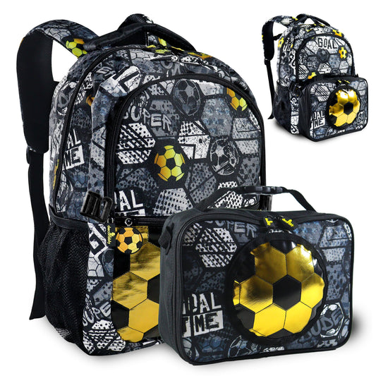Decorably Backpack with Lunch Bag for Kids 2Pc Set Boys Soccer Backpack Lunch Bag with Metallic Black & Gold Design School Backpack 4-6 Soccer with Lunch Bag Soccer Backpack for Boys with Lunch Box