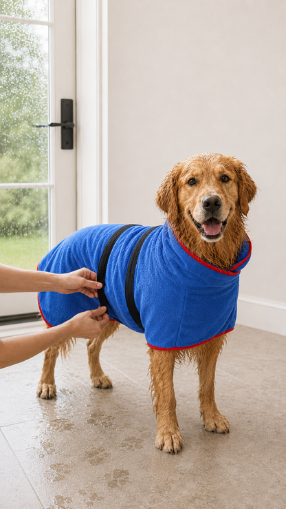 Golden retriever wearing the blue QuickDry microfiber dog bathrobe