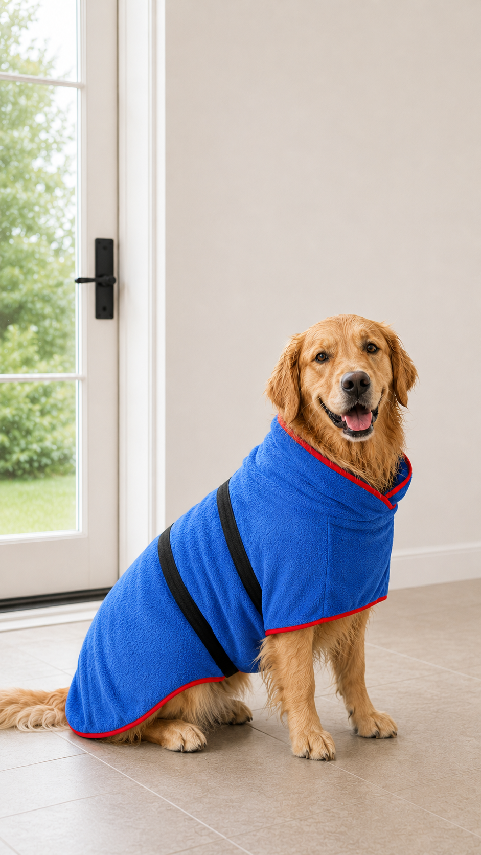 Comfortable golden retriever drying in the blue QuickDry dog bathrobe