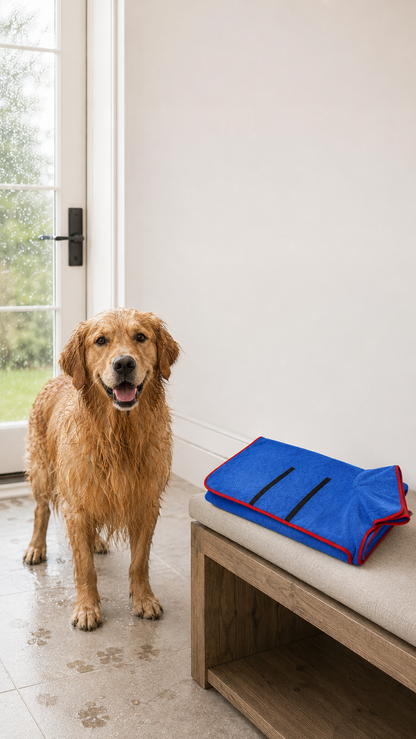 Wet golden retriever beside the QuickDry dog bathrobe